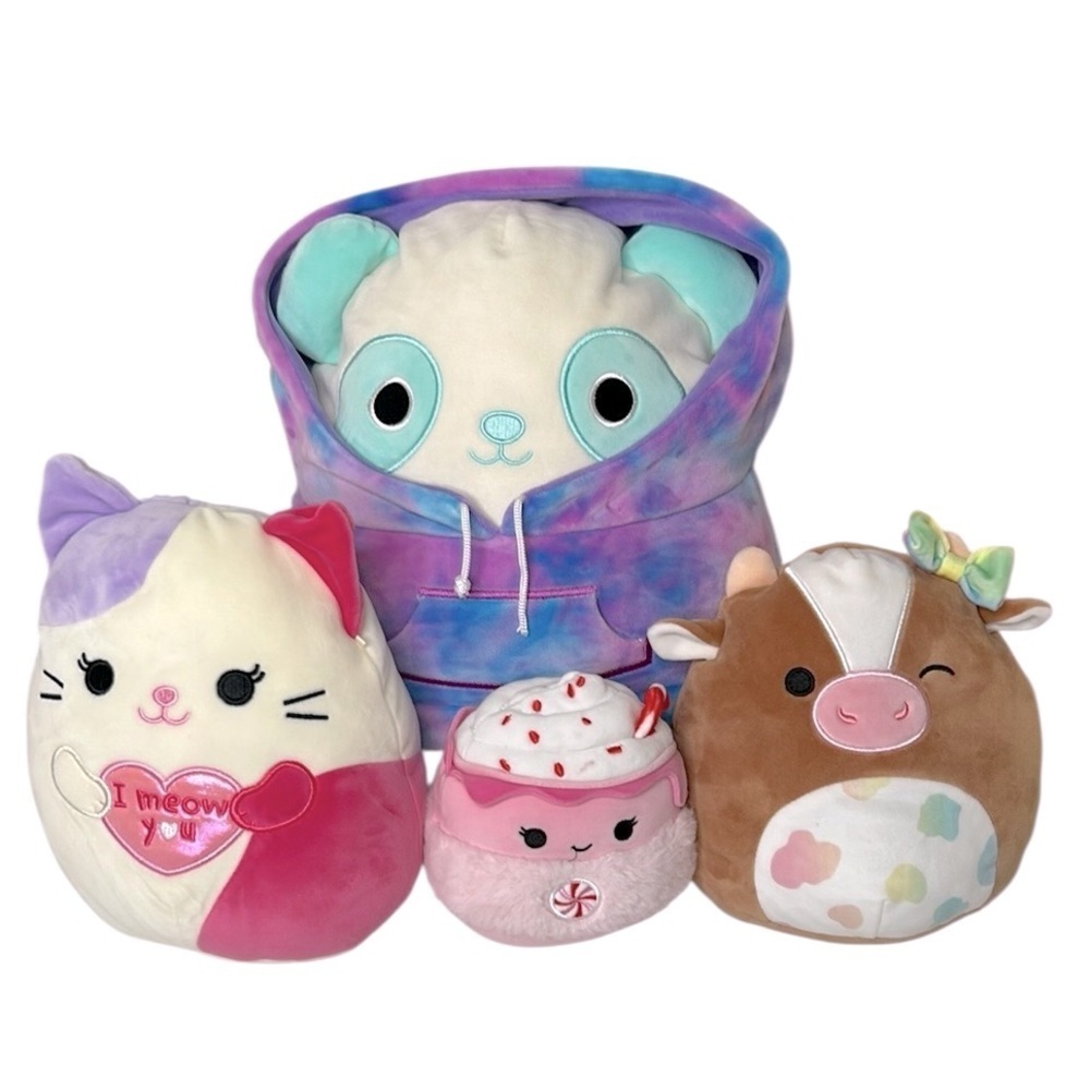 Squishmallows Plush 4 Pc. Set Lot Cat, Hot Cocoa, Cow and Panda Great Condition!